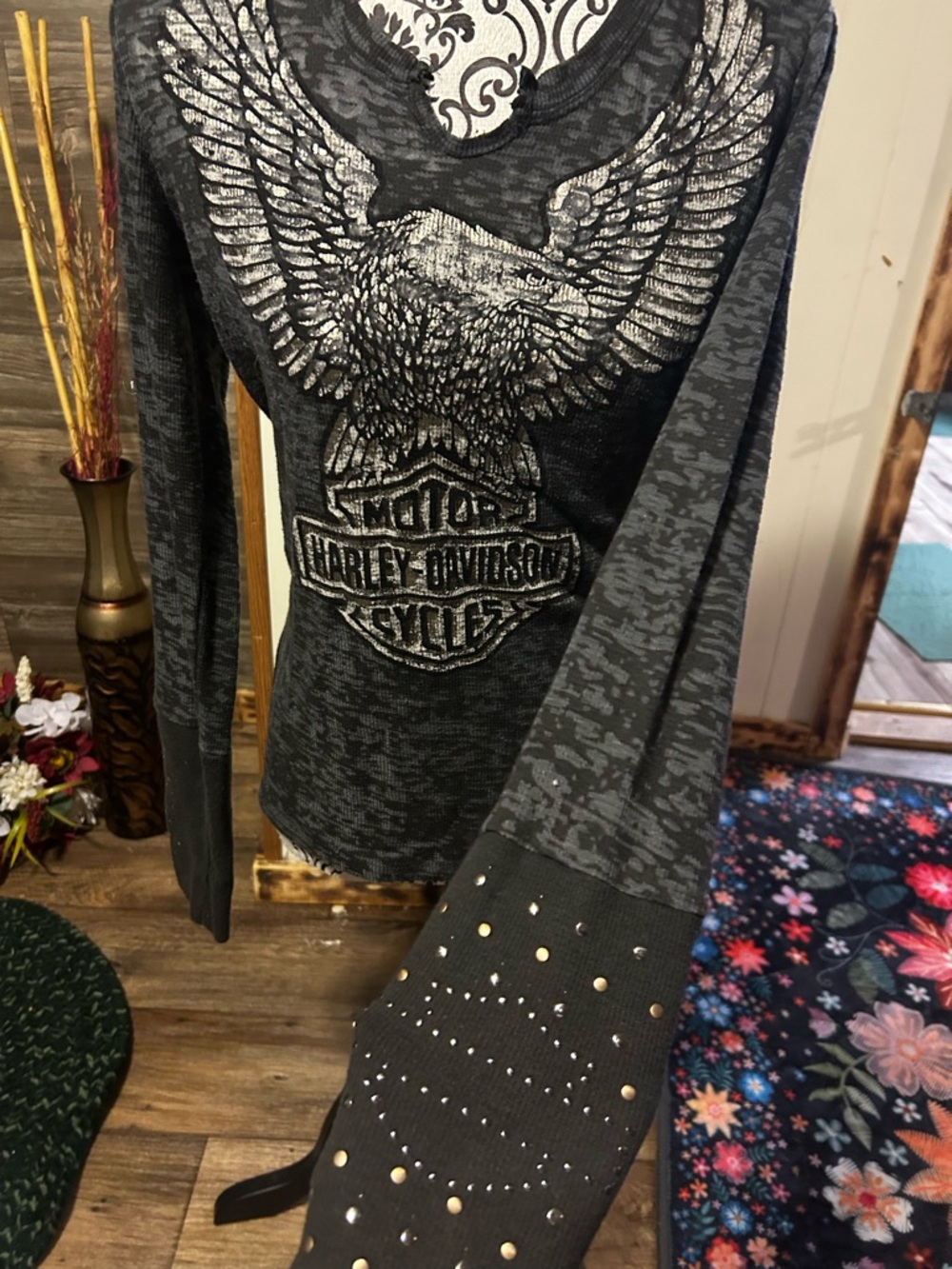 Harley-Davidson Black & Gray Studded Eagle Long Sleeve Shirt